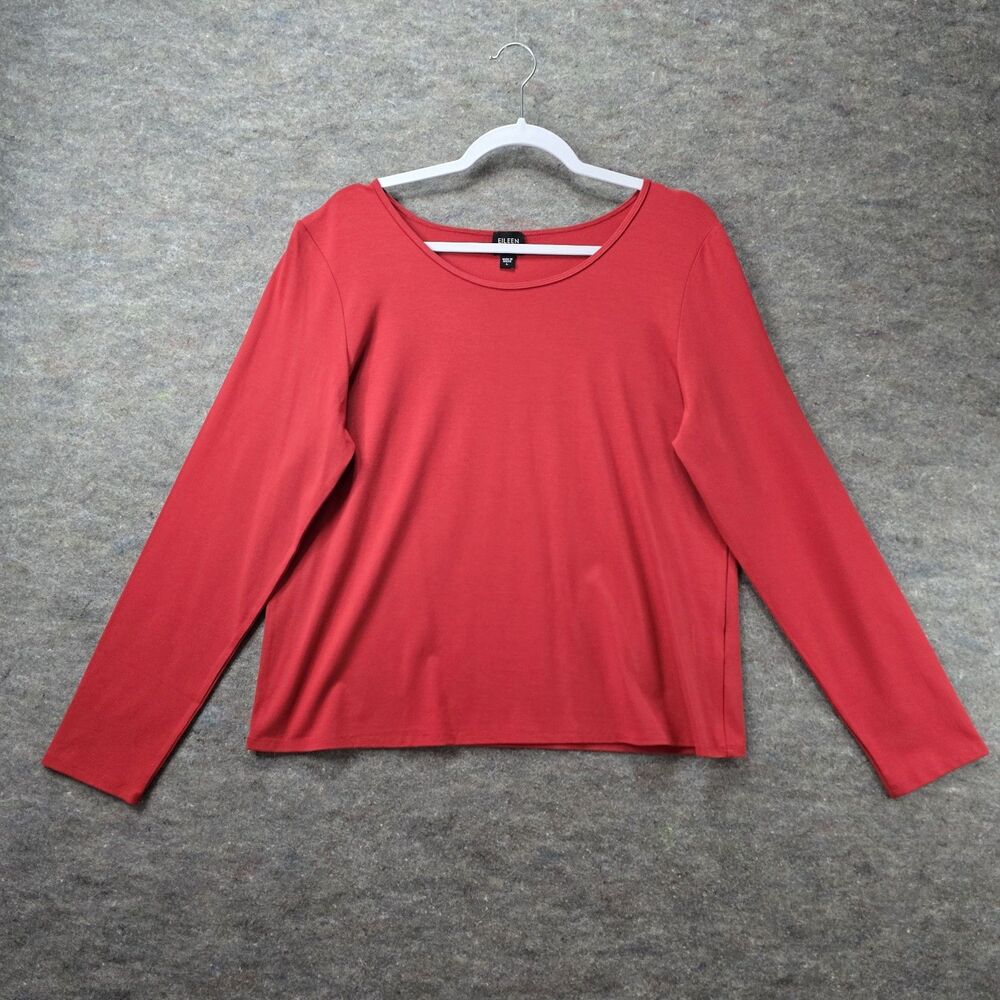 Eileen Fisher Top Women L Red Long Sleeve Viscose Pull Over Boat Neck Stretch